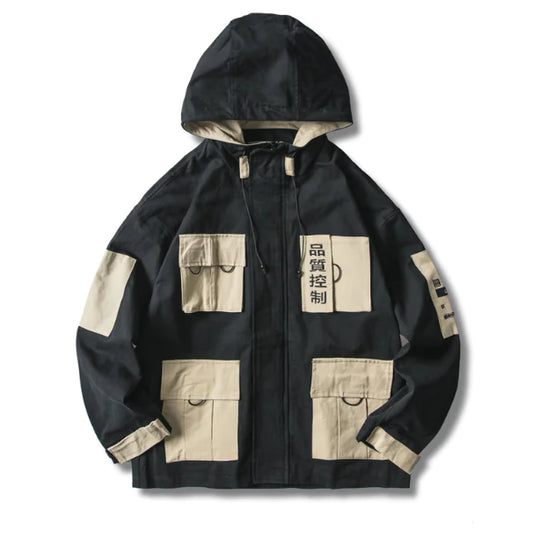 Text Embroidered Color Block Hooded Jacket