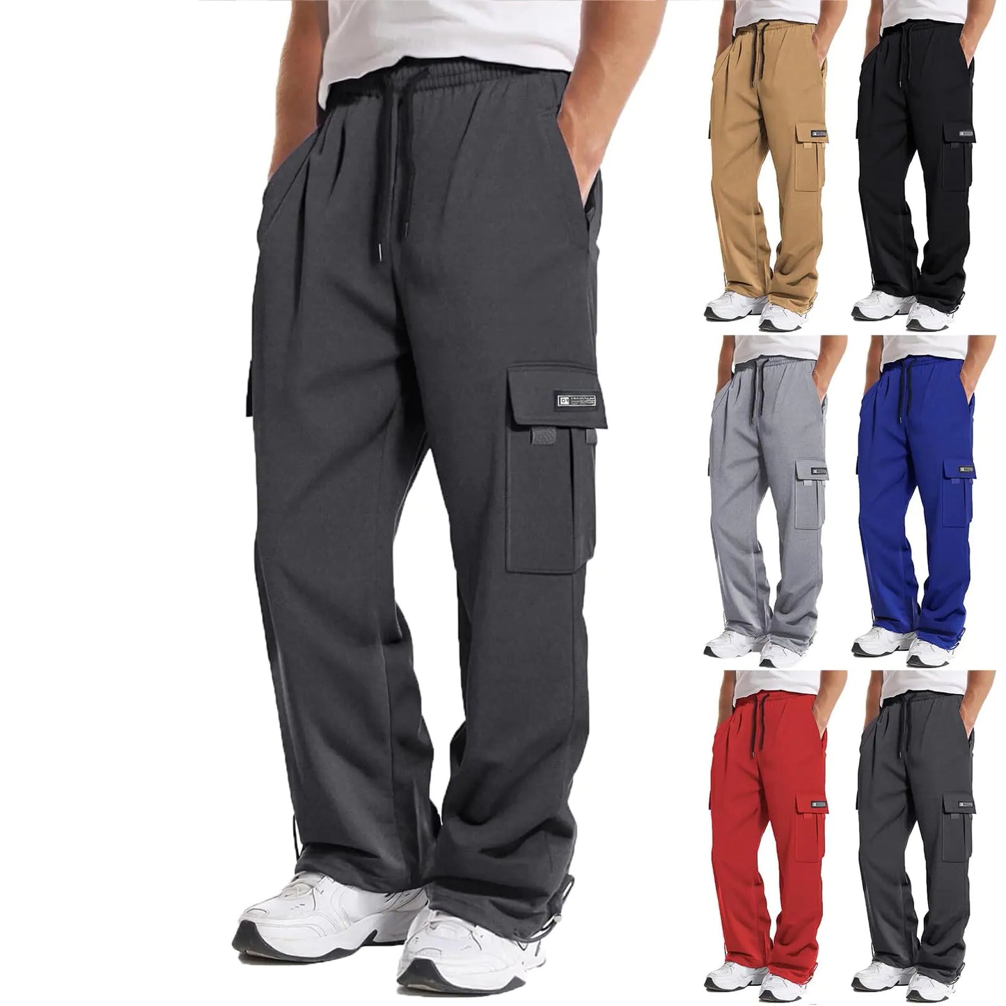 Mens Cargo Pants Casual Comfy Cotton Work Pants Drawstring Elastic Waisted Baggy Joggers Sweatpants Multi Pockets Outdoor Travel Hiking Fishing Pants Lightweight Relaxed Fit Construction Work Pants
