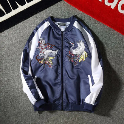 Embroidered Crane Satin Flight Jacket for Couples