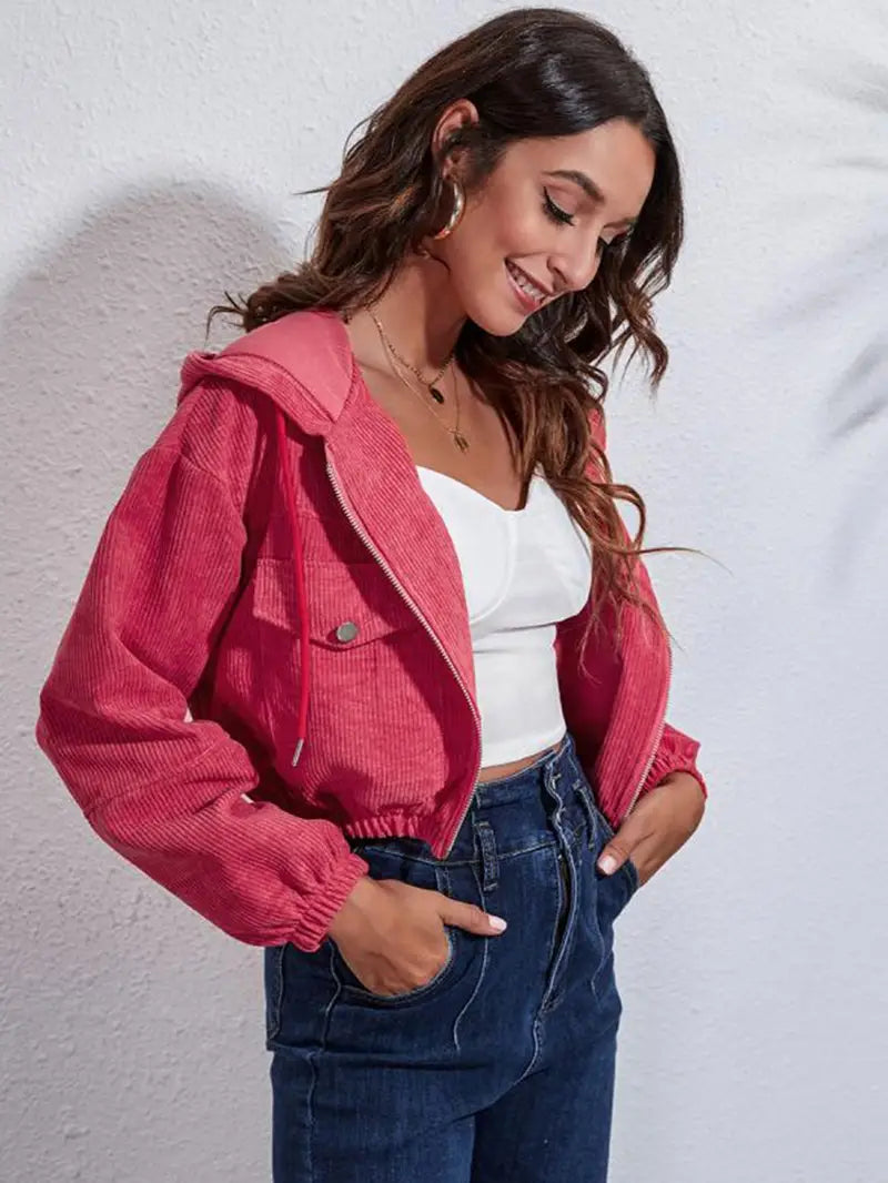 Casual Corduroy Hooded Jacket for Women - Loose Fit