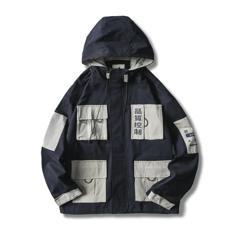 Text Embroidered Color Block Hooded Jacket