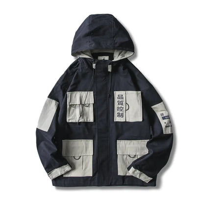 Text Embroidered Color Block Hooded Jacket