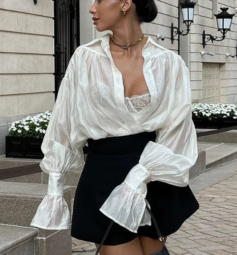 Fashionable Women's French Shirt with Lantern Sleeves