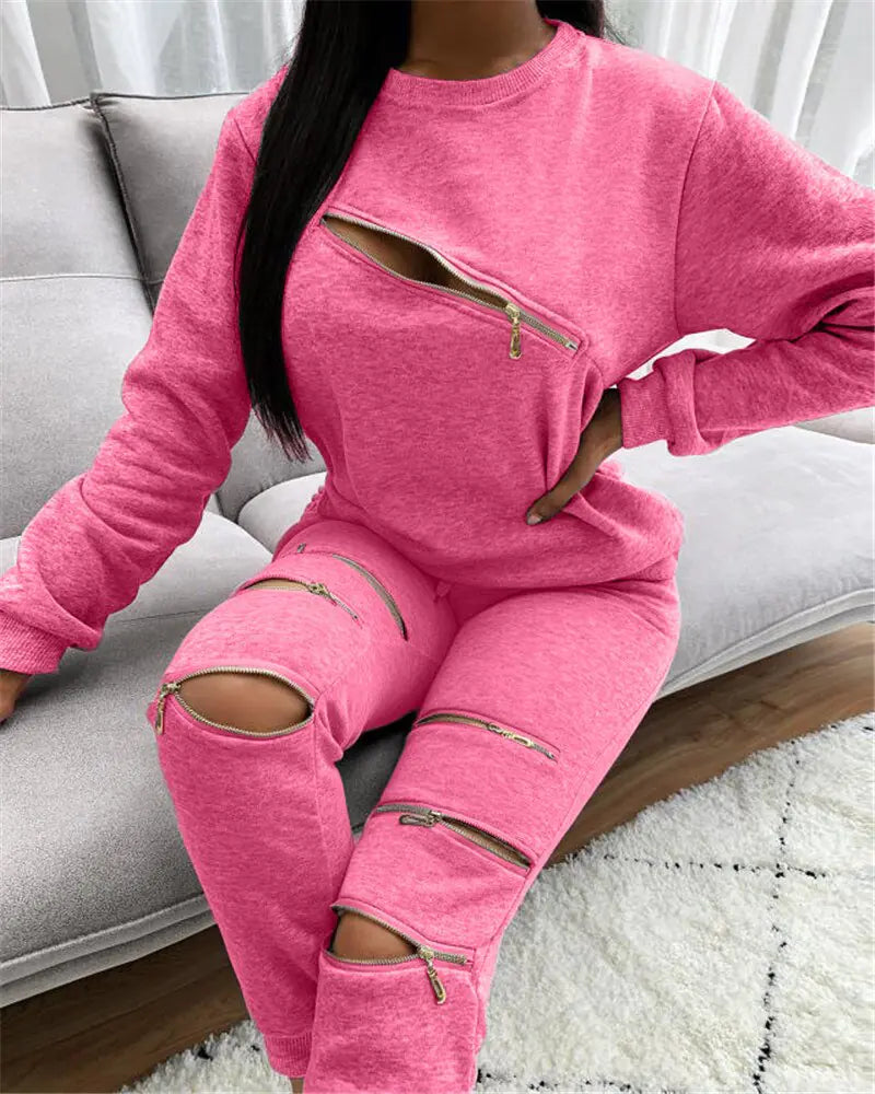 Fashionable Women's Casual Zip Hoodie & Pants (Two Pieces)