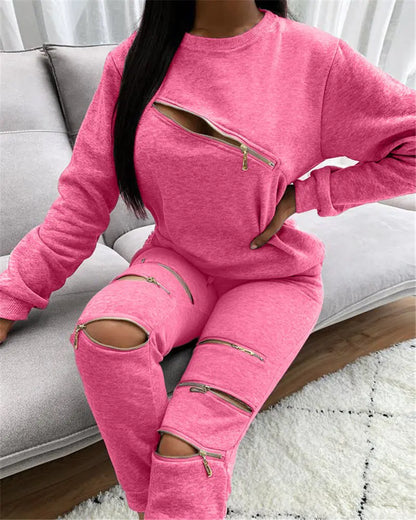 Fashionable Women's Casual Zip Hoodie & Pants (Two Pieces)