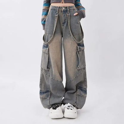 Retro Distressed Pocket Design Straight Mopping Pants