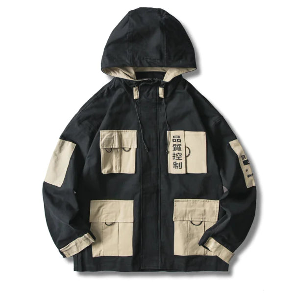 Text Embroidered Color Block Hooded Jacket