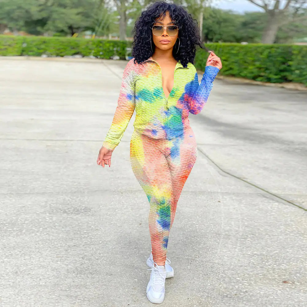 Watercolor Tie-Dye Zip Hoodie and Yoga Pants Set