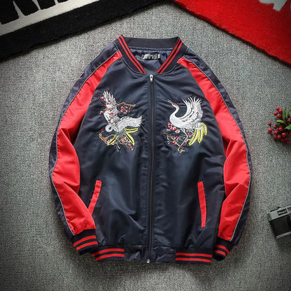 Embroidered Crane Satin Flight Jacket for Couples