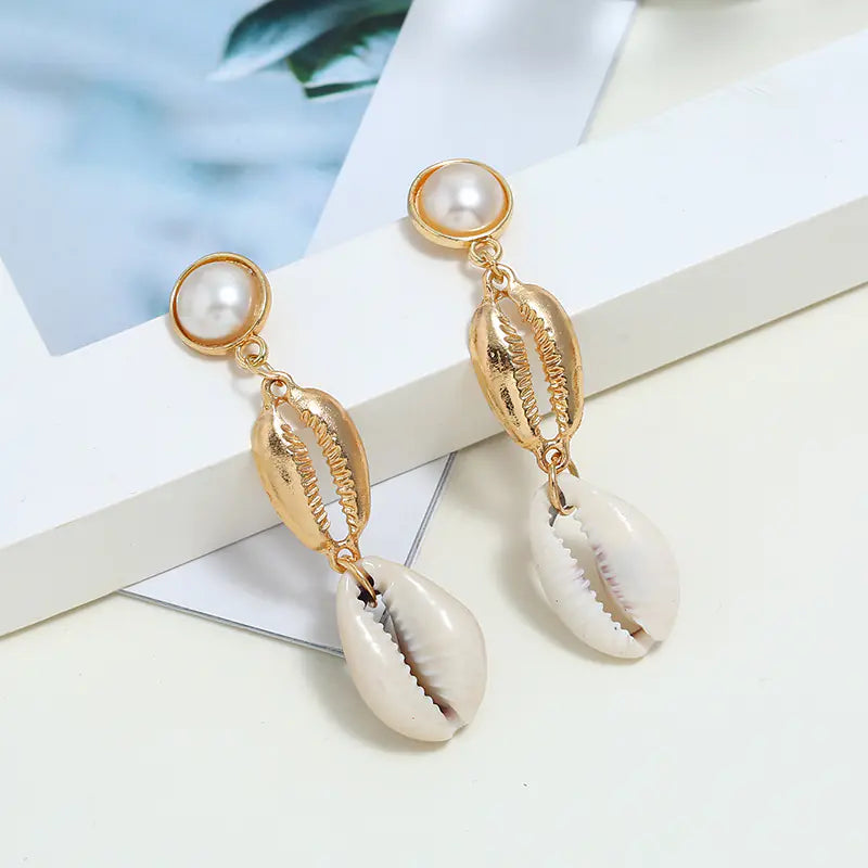 Bohemian Long Shell Earrings with Natural Pearls