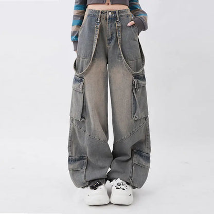 Retro Distressed Pocket Design Straight Mopping Pants