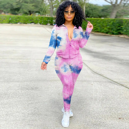Watercolor Tie-Dye Zip Hoodie and Yoga Pants Set