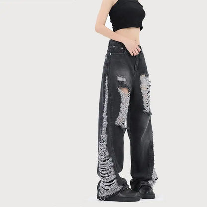 High Quality Loose Hole Washed Denim Trousers