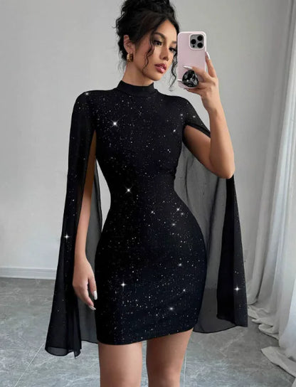 Pearl Chiffon Cape Bodycon Dress with Round Neck