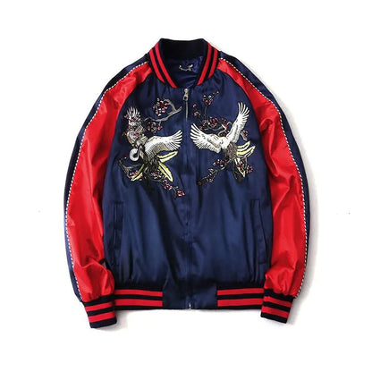 Embroidered Crane Satin Flight Jacket for Couples