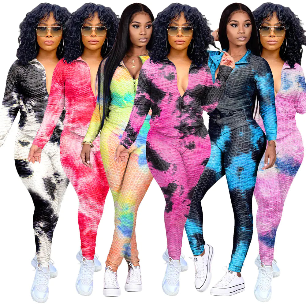 Watercolor Tie-Dye Zip Hoodie and Yoga Pants Set
