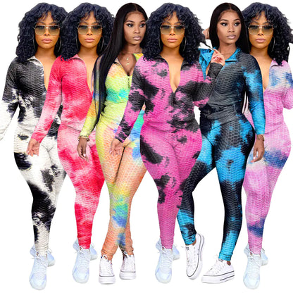 Watercolor Tie-Dye Zip Hoodie and Yoga Pants Set