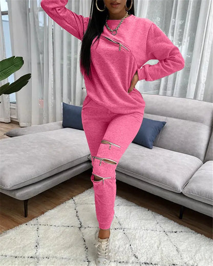 Fashionable Women's Casual Zip Hoodie & Pants (Two Pieces)