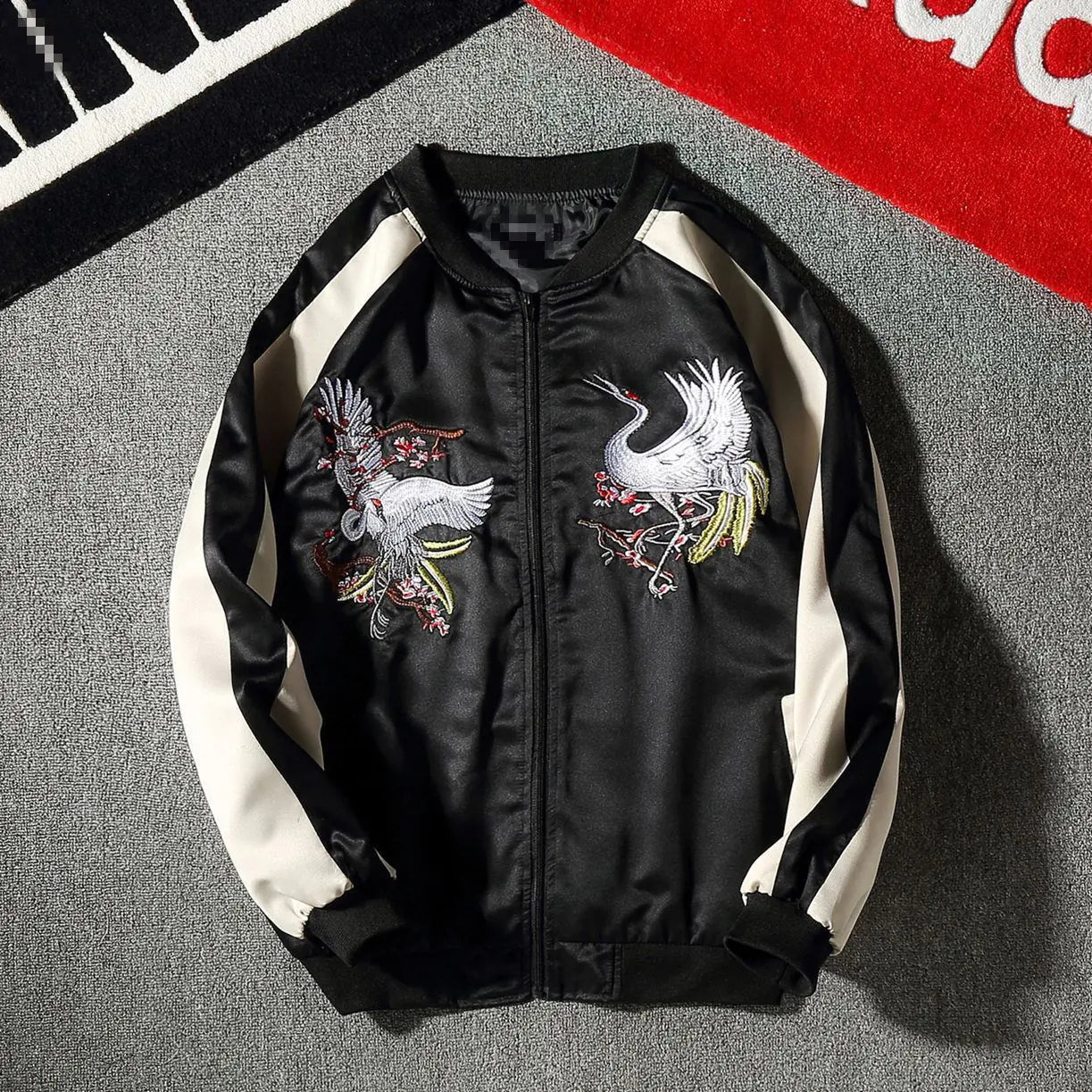 Embroidered Crane Satin Flight Jacket for Couples