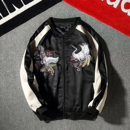 Embroidered Crane Satin Flight Jacket for Couples