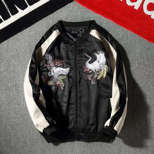 Embroidered Crane Satin Flight Jacket for Couples