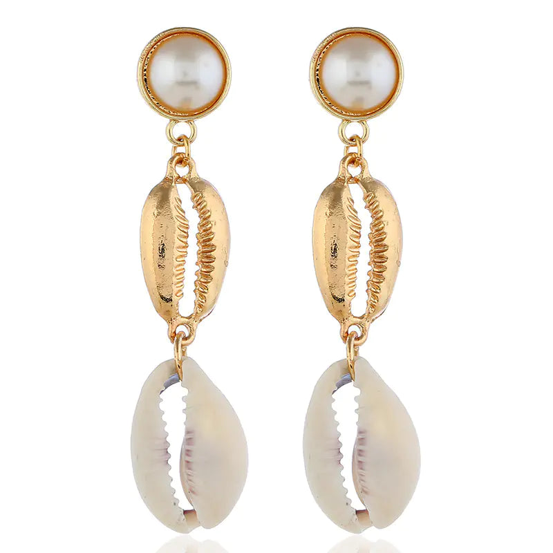 Bohemian Long Shell Earrings with Natural Pearls