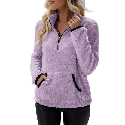 Quarter Zip Pullover for Women Fleece Long Sleeve Fluffy Soft Sweaters Jacket Plus Size Winter Coats with Pocket Teen Girls Fall Y2K Clothes Half Zipped Sweatshirts Quarter Zip Hoodies Warm Sweater