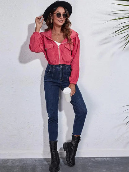 Casual Corduroy Hooded Jacket for Women - Loose Fit