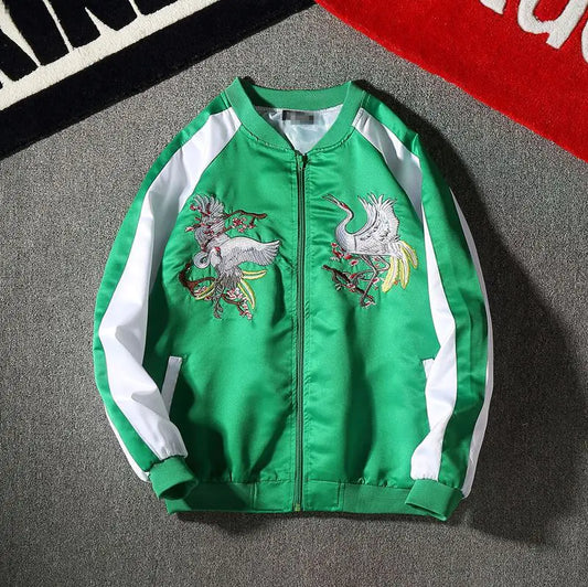 Embroidered Crane Satin Flight Jacket for Couples